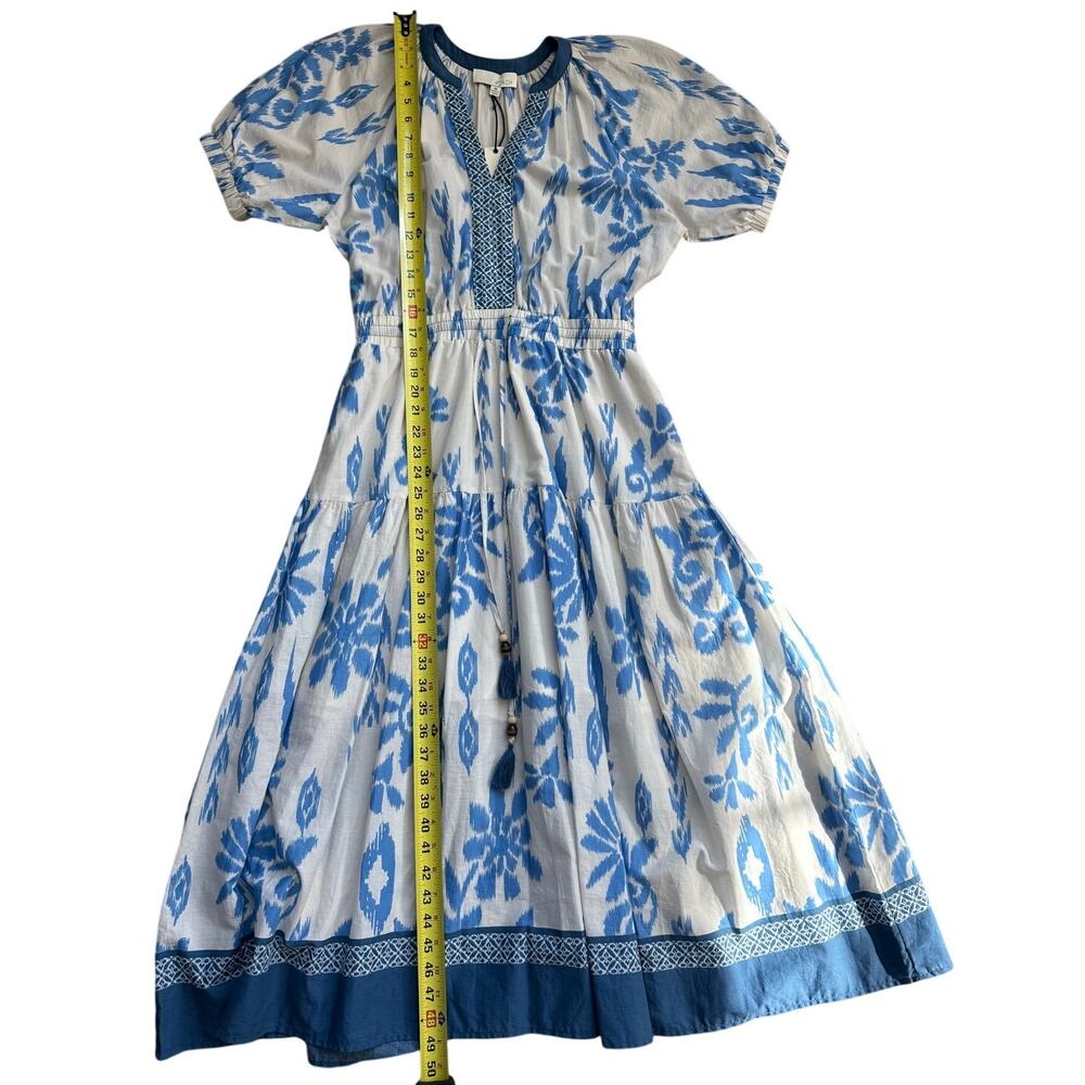 Pinch Coastal Comfort Blue White Floral Ikat Midi Dress Tassel Waist Size M NWT - Picture 4 of 8